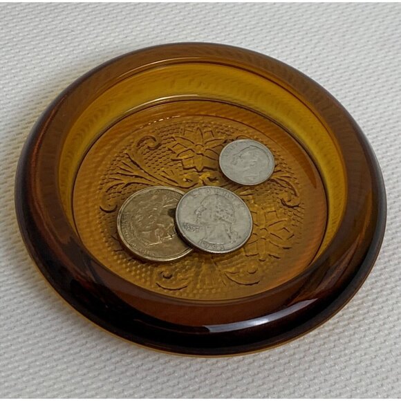 Vintage Amber Tiara Indiana Glass Sandwich Coaster Trinket Dish Embossed Floral - Picture 4 of 7